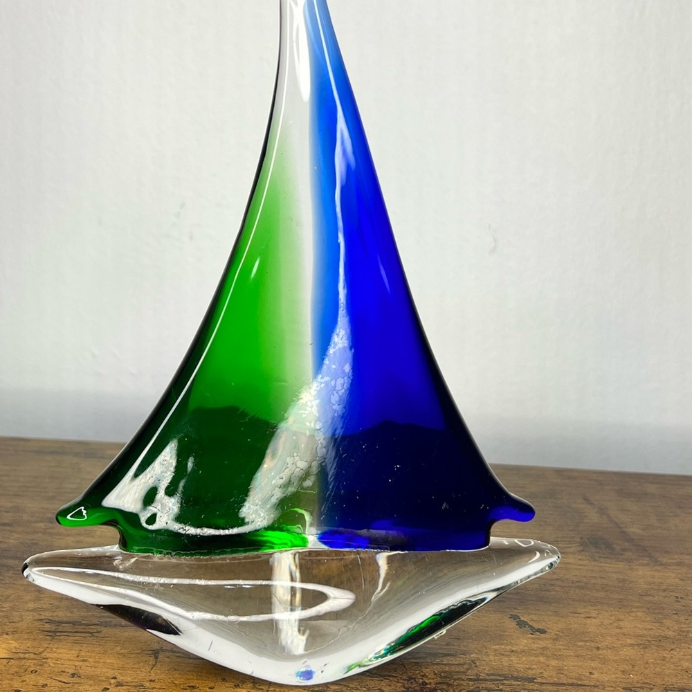 Murano Glass Sculpture Of A Sailboat Green & Blue Hand Blown 8 In X 5 3/4 In